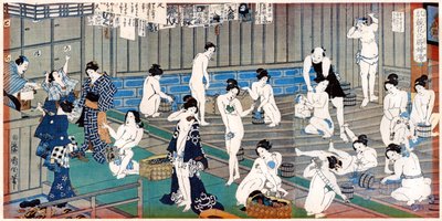 大浴場の情景、豊原国父19世紀版画 作： Toyohara Kunichika
