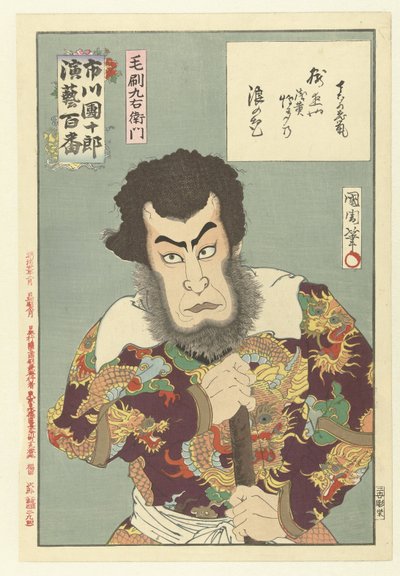 Ichikawa Danjuro IX als Kezori Kyuemon Kezori Kyuemon (title on object) Honderd rollen van Ichikawa Danjuro IX (series title) Ichikawa Danjuro engei hyakuban (series title on object) 作： Toyohara Kunichika