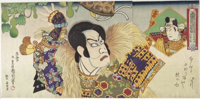 武智光秀役の河原崎権之助と真柴久吉役の市川左團次 作： 豊原国周