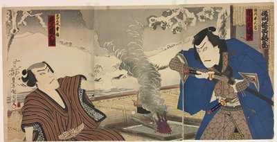 常川役：初代市川左團次、溝呂木幸一役：尾上菊五郎 作： Toyohara Kunichika