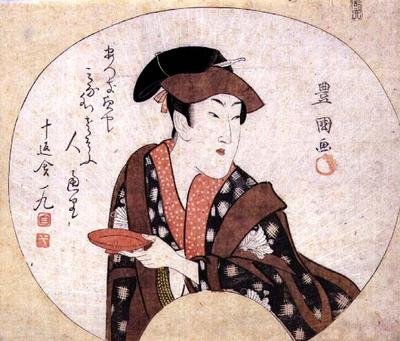 三代目瀬川菊之丞、役者の姿は舞台袖で、十返舎一九の詩が添えられている（1808年）。 作： Utagawa Toyokuni