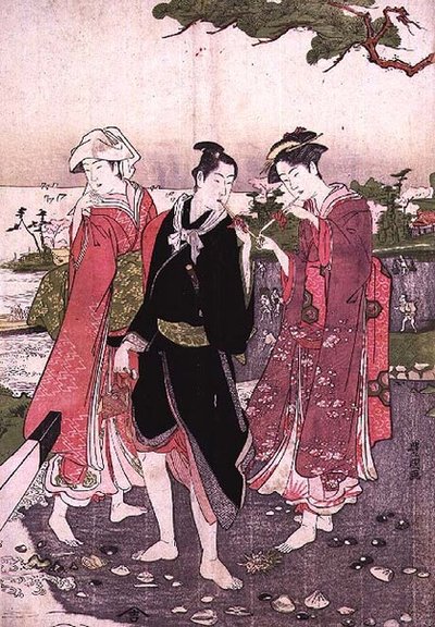 浜辺の二人の少女と一人の若者、パブ、1780年頃 作： Utagawa Toyokuni