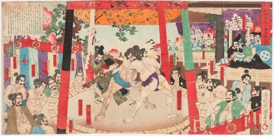 小ｍ場ｔ で すも でヴァンｔ 豊臣 秀吉 １５３７ー１５９８） 絵ｔ かと 清正 （１５６２ー１６１１）。 絵ｓ他ｍペ で 歌川 豊の 部 （１８５９ー１８８６） 作： Toyonobu Utagawa
