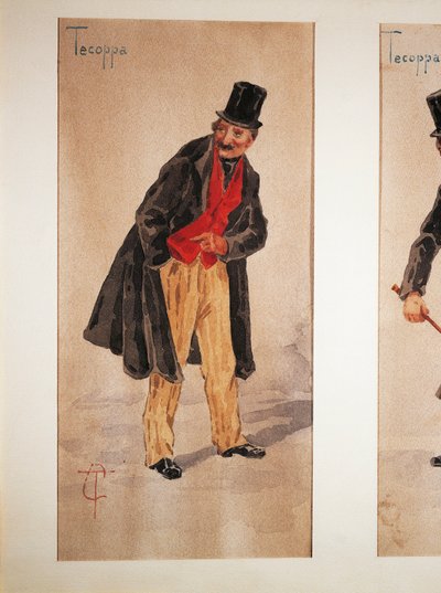 1874年にミラノの俳優Edoardo Ferravillaが生み出したテコッパのキャラクター、Tranquillo Cremonaの水彩画 作： Tranquillo Cremona
