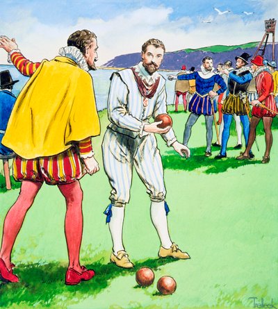 サー・フランシス・ドレークがプリマス・ホーでボウルを演奏、1588 c1900 作： Trelleek