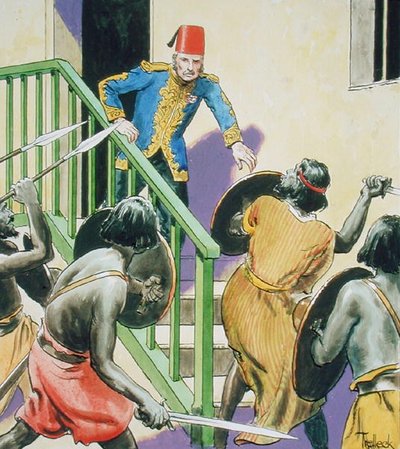 ゴードン将軍（1833-85）ハルツームの英雄、1900年頃発行の「Peeps into the Past」より（カラーリトグラフ） 作： Trelleek Trelleek
