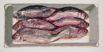 魚の木箱1（ビリングズゲート、ロンドン）2016年（油彩・板） 作： トレバー・バージェス