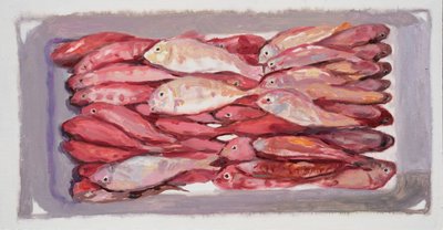 魚の木箱4（ビリングズゲート、ロンドン）2016年（油彩・板） 作： トレバー・バージェス