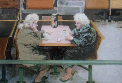 お茶を飲みながら, 2010 (油彩・板) 作： Trevor Burgess