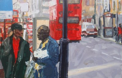街頭での会話, 2008 (油彩・板) 作： トレバー・バージェス