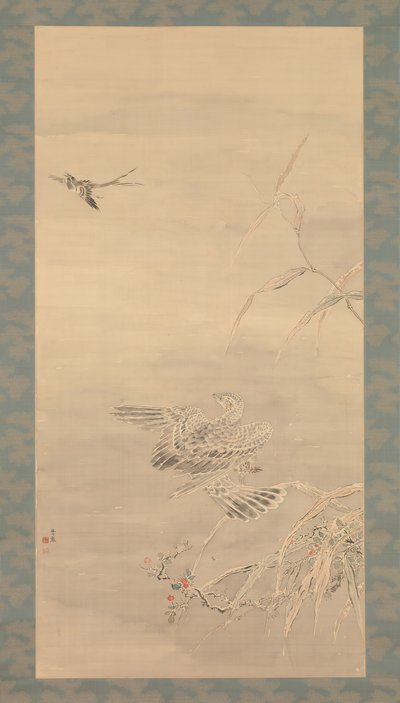 小鳥をつかむタカ、19世紀。 作： Tsubaki Chinzan