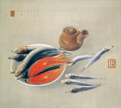 静物。サーモンのスライスとイワシ、1924 作： Tsuchida Bakusen