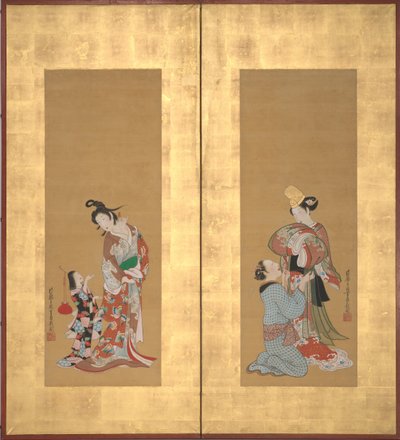 白拍子の踊り子と女給、花魁と少女の従者 18世紀中頃 作： Tsukioka Masanobu