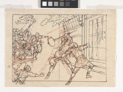 門を叩く兵士の絵（紙にインク） 作： Tsukioka Yoshitoshi