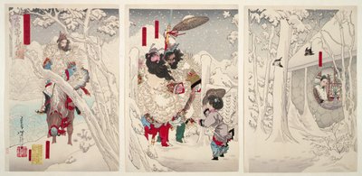 雪の中、光明を訪ねる玄徳（『三国志絵巻』より 作： Tsukioka Yoshitoshi
