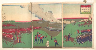 Illustration von Kavallerie, Infanterie und Soldaten im Rückzug 作： 月岡芳年