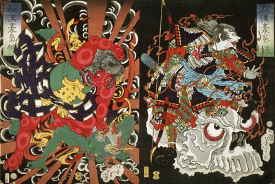 金時の頭蓋骨の鬼と戦士を圧倒する、1868年（色木版画） 作： Tsukioka Yoshitoshi