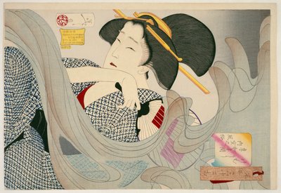 Looking Smoky. A Housewife of the Kyowa Era Kemuso Kyowa nenkan naishitsu no fuzoku, 1880 (woodblock print) 作： Tsukioka Yoshitoshi