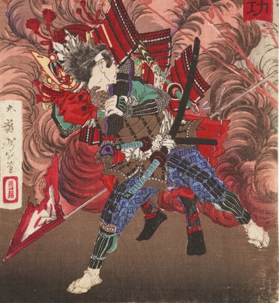 Okubo Hikozaemon rescuing Tokugawa Ieyasu on the battlefield, 1881 (woodblock) 作： Tsukioka Yoshitoshi