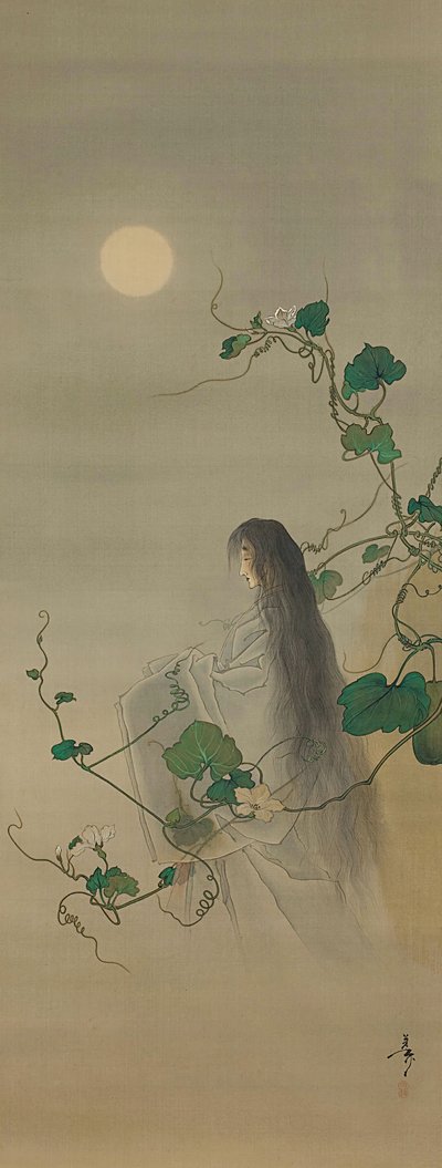 ムーンフラワーのつるに絡みついた故人の幽顔の精神...、ca。 1892年。 作： Tsukioka Yoshitoshi