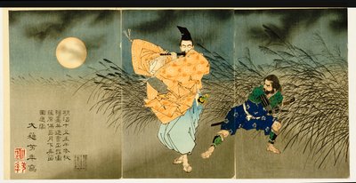 「藤原のやすまさ月光で笛を吹く」三連祭壇画、1883 作： Tsukioka Yoshitoshi