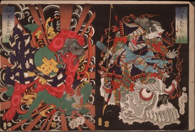Krieger auf Schädel; Kintoki überwältigt einen Dämon 作： 月岡芳年