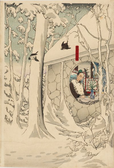 木版画のトリプティク - 19 世紀後半、吹雪の中、隠れ家の孔明を訪れた玄徳 作： Tsukioka Yoshitoshi