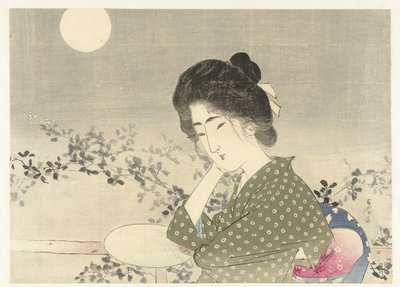 月明かりの下で扇子を持つ女性 作： Tsutsui Toshimine