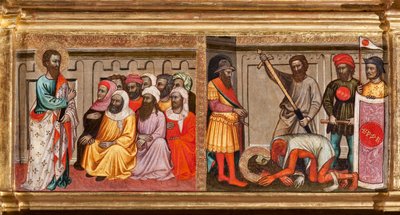 アルメニアで斬首された聖バルトロメオの生涯を描いたプレデラ、天使と聖人に囲まれた聖母子の細部（パネルに油彩 作： Turino Vanni