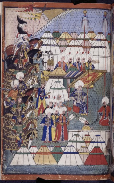 追加。 22011 f.199、「Nusretname」より、Kars-Nusretname での勝利後のキャンプでの Lala Mustafa Pasha 作： Turkish School