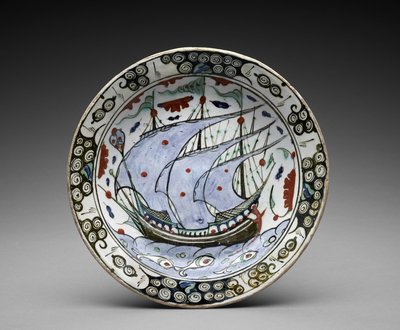 ボウル：「海のガレオン」、17世紀前半（釉下絵のフリットウェア） 作： Turkish School