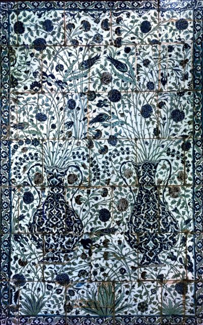 2つの花瓶と花の装飾パネル（ファイアンス 作： Turkish School