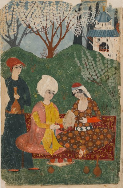 正体不明のテキストからのフォリオ。直訳：カーペットに座った王子と王女、イスタンブール、c.1700-25（紙に不透明な水彩画、インク、金） 作： Turkish School