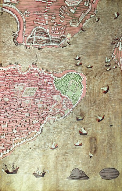 H 1523 fol.159v Lokman、1558年のHunernameからのイスタンブールのトプカピ宮殿とボスポラス海峡の眺め（紙にペンとインクとガッシュ）（229557も参照） 作： Turkish School