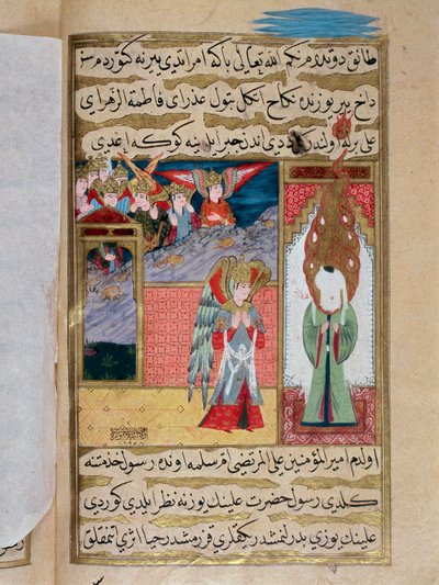 メディナのモスクにおける大天使ガブリエルと預言者ムハンマド（MuhammedまたはMuhammad）（570-632）の出会い（顔が覆われている）」18世紀のトルコ製ミニチュア イスタンブール、トルコ・イスラム芸術博物館 作： Turkish School