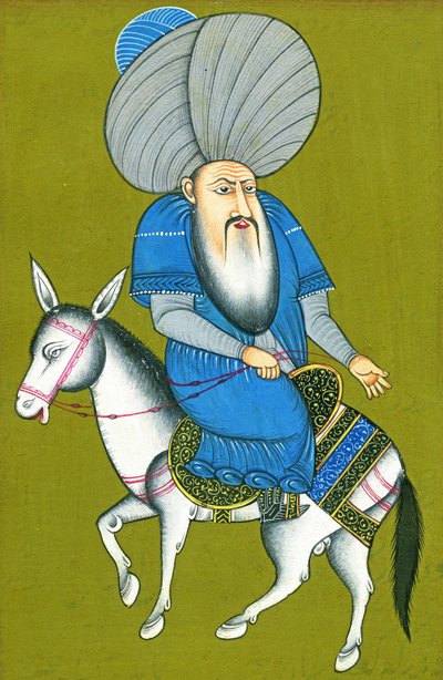 後ろ向きに馬に乗るNasreddin Hodja（水彩・紙 作： Turkish School