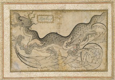 紅葉の中のドラゴンの「サズ」スタイルのドローイング、c.1540-50（インク、不透明な水彩画、紙に金） 作： Turkish School