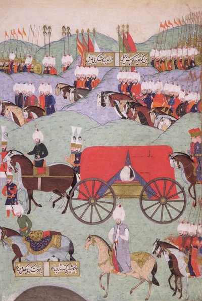 1579年、イスタンブールのキングス図書館にコピーされたスルタンスレイマン（1521-1566）の遺体の返還 作： Turkish School