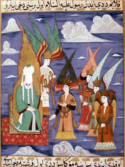 予言者ムハンマド（MohammedまたはMuhammad）（570-632）（顔を覆っている）18世紀のペルシャの細密画の夜の旅の間に。トプカプ博物館 イスタンブール トルコ 作： Turkish School