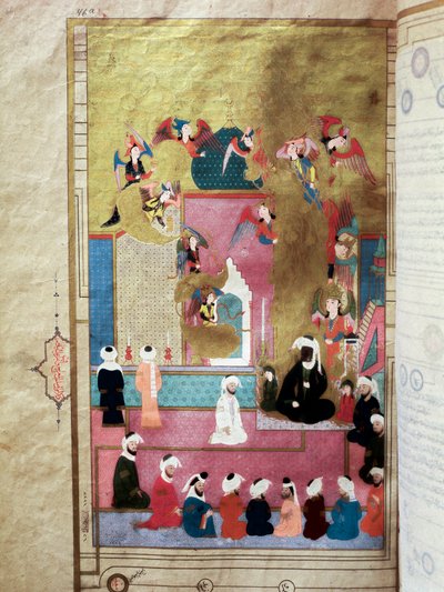 預言者ムハンマド（MohammedまたはMuhammad）（570-632）（顔が覆われている）ミラクの時、第7の空への上昇 ムラド3世のレムの下、歴史家Seyyid Loqman Ashuriによる写本 "Zubdat al-Tawarikh"（またはZubdat al Tawarikh）からのミニチュア（1 作： Turkish School