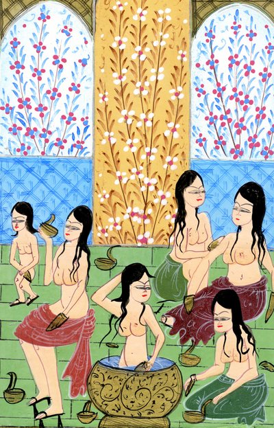 女性用ハマムの中の様子（水彩、金粉、紙 作： Turkish School