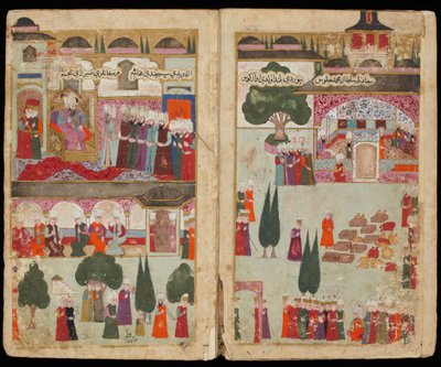 1595 年のトプカプ宮殿でのメフメト 3 世の戴冠式 写本メフメト 3 世のフンでのキャンペーンから 作： Turkish master