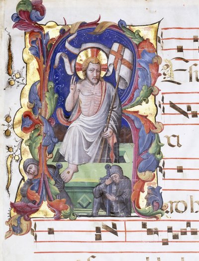 復活を示す非常に大きな歴史的な文字「A」、c.1400-1450 作： Tuscan School