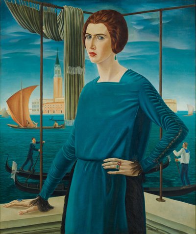 ヴェネツィアを背景にしたアーティストの妻、1921年。 作： Ubaldo Oppi