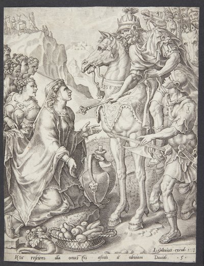 デビッドをなだめるアビゲイル 作： Ubekendt efter Maarten van Heemskerck