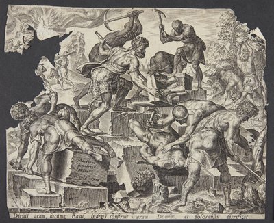バアルの祭壇を破壊するギデオンと部下たち 作： Ubekendt efter Maarten van Heemskerck