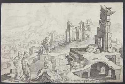 妻と 3 人の友人と糞の丘での仕事 作： Ubekendt efter Maarten van Heemskerck