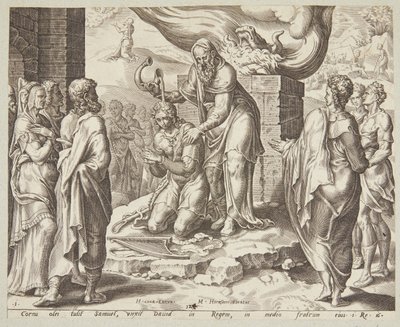 サミュエルはデイビッドに油を注いでいます 作： Ubekendt efter Maarten van Heemskerck