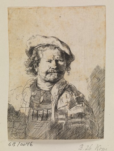 フラットキャップと刺繍ドレスのレンブラント 作： Ubekendt efter Rembrandt