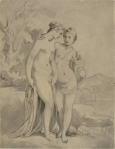 風景の中の 2 つのニンフ 作： Ubekendt engelsk kunstner 1820